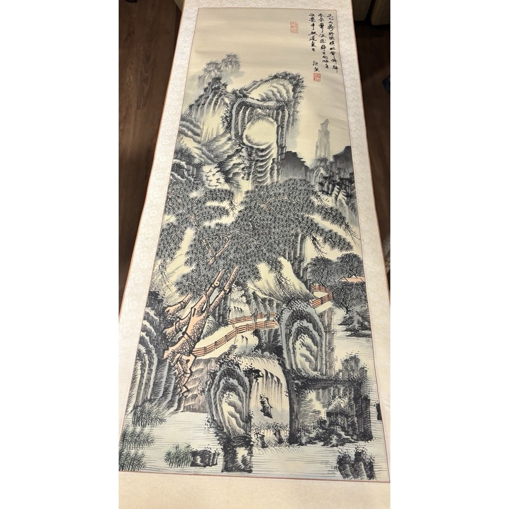 Chinese Oriental Landscape Hanging Scroll Ink Painting Silk Mount Wall Art - Picture 8 of 9